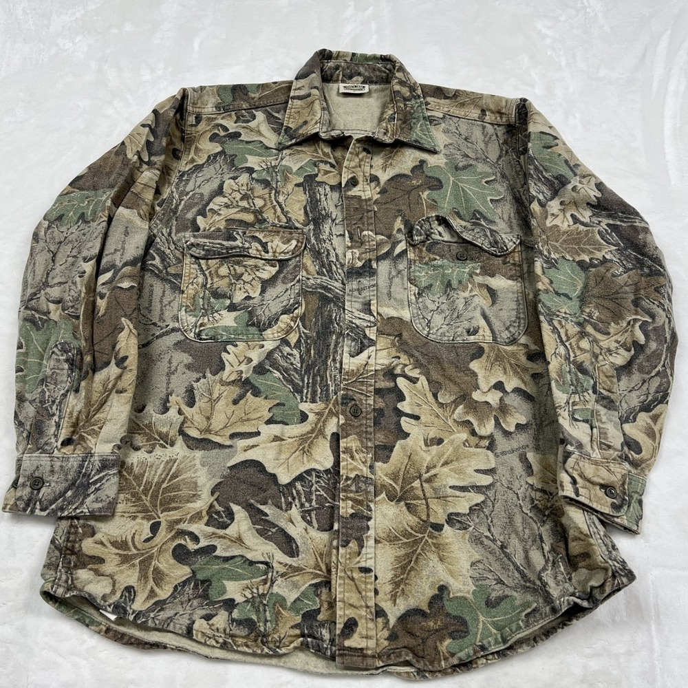 FiveBrother Rugged Wear Camo Shirt Mens L Green Brown Leaf Print Button Up